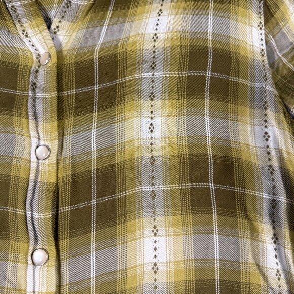 Women’s Olive Green Mustard Plaid Button Down Shirt Size Large – Long Sleeve Cur - Picture 4 of 8